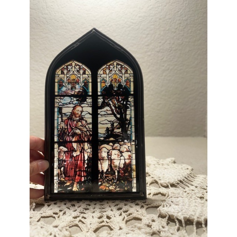 Vintage Jesus the Good Shepherd Stained Glass Suncatcher Pewter Frame Arched